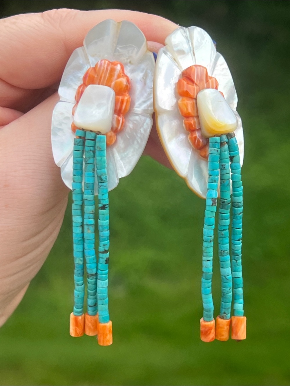 Santo Domingo Pueblo Kewa Mother of Pearl Spiny Oyster Turquoise Fringe Earrings